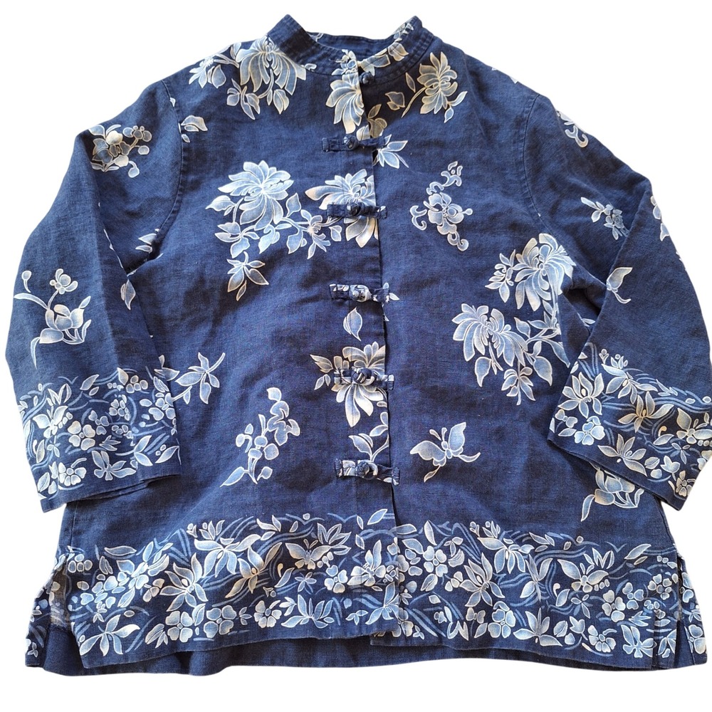 Jones New York 100% Linen Floral Top Tropical Vacation Resort Frog Toggle Medium